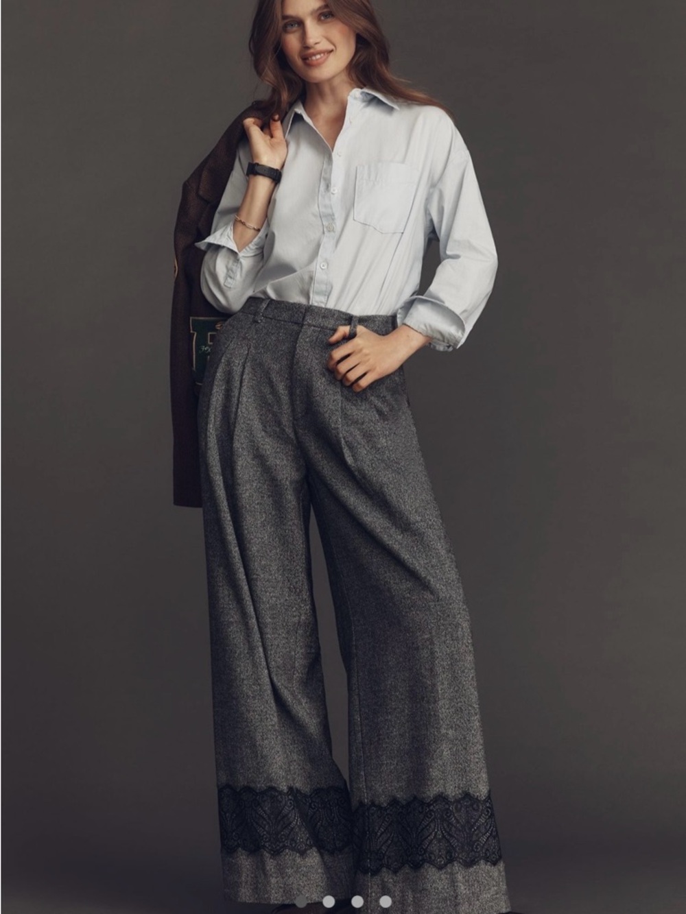 The Avery Pleated Grey Wide-Leg Tweed Lace Trousers